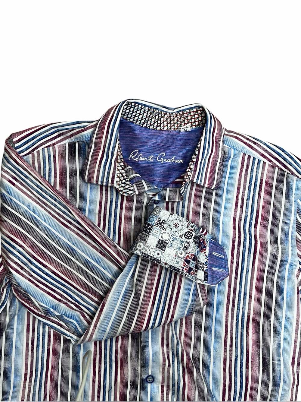 Robert Graham Striped Flip Cuff Button Down Shirt Mens Sz M Blue Designer Office